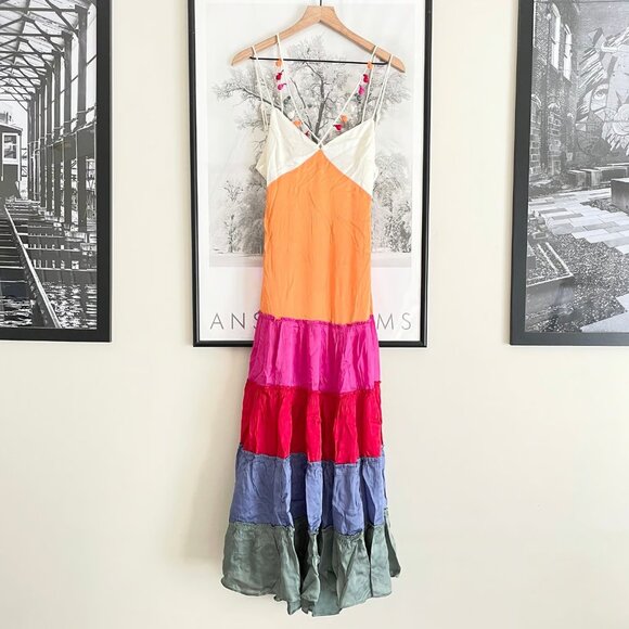 By Anthropologie Rainbow V-Neck Maxi Dress XS Colorful Silky Open Back Boho NWT - Picture 1 of 16